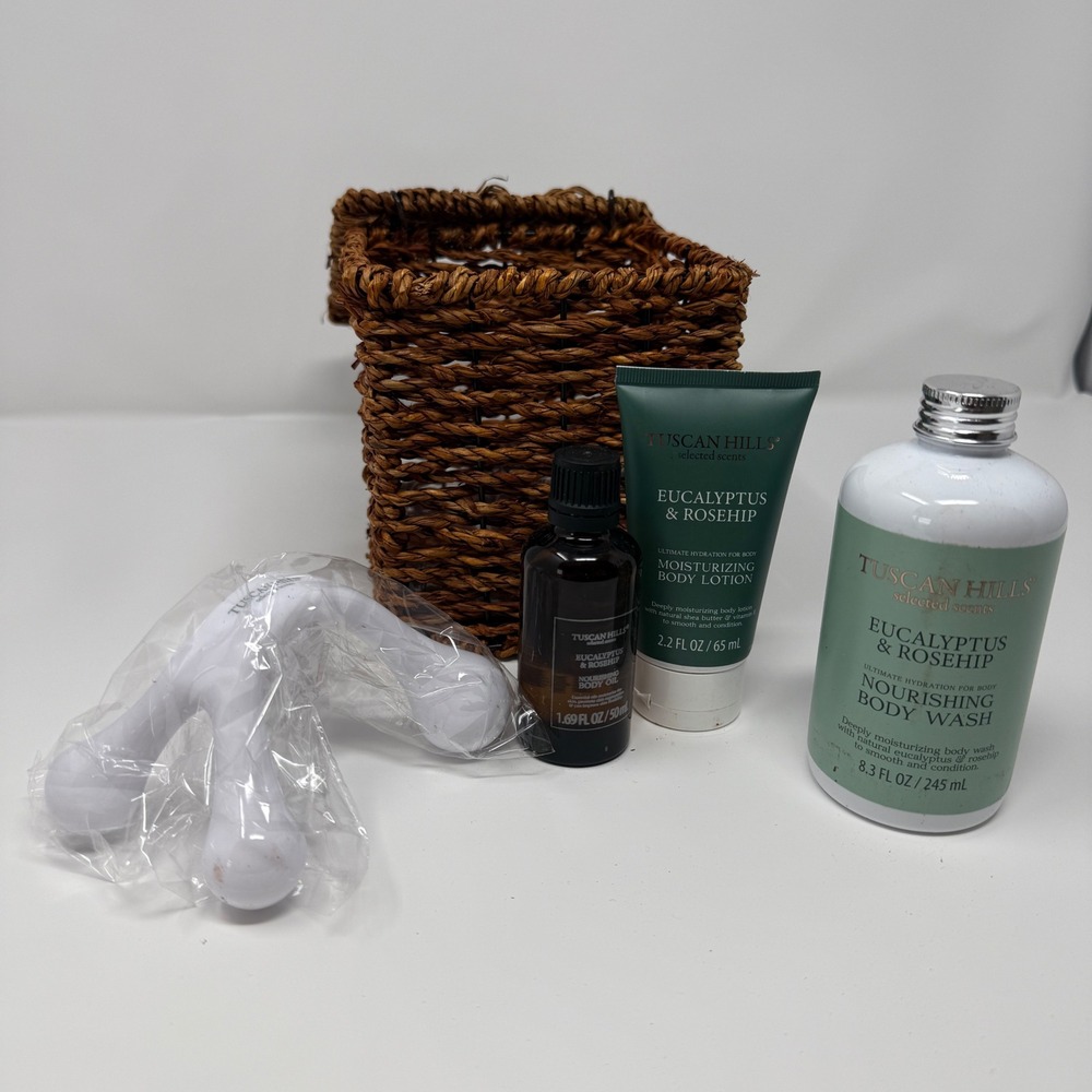 Tuscan Hills Eucalyptus Rosehip Spa Gift Set Body Wash Lotion Oil Massager